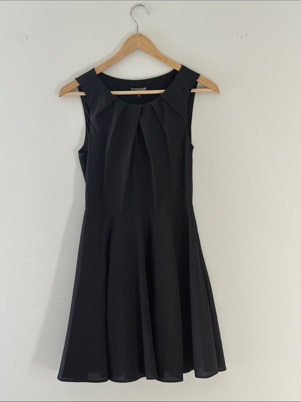 Express Black Pleated Neck Fit-and-Flare Mini Dress